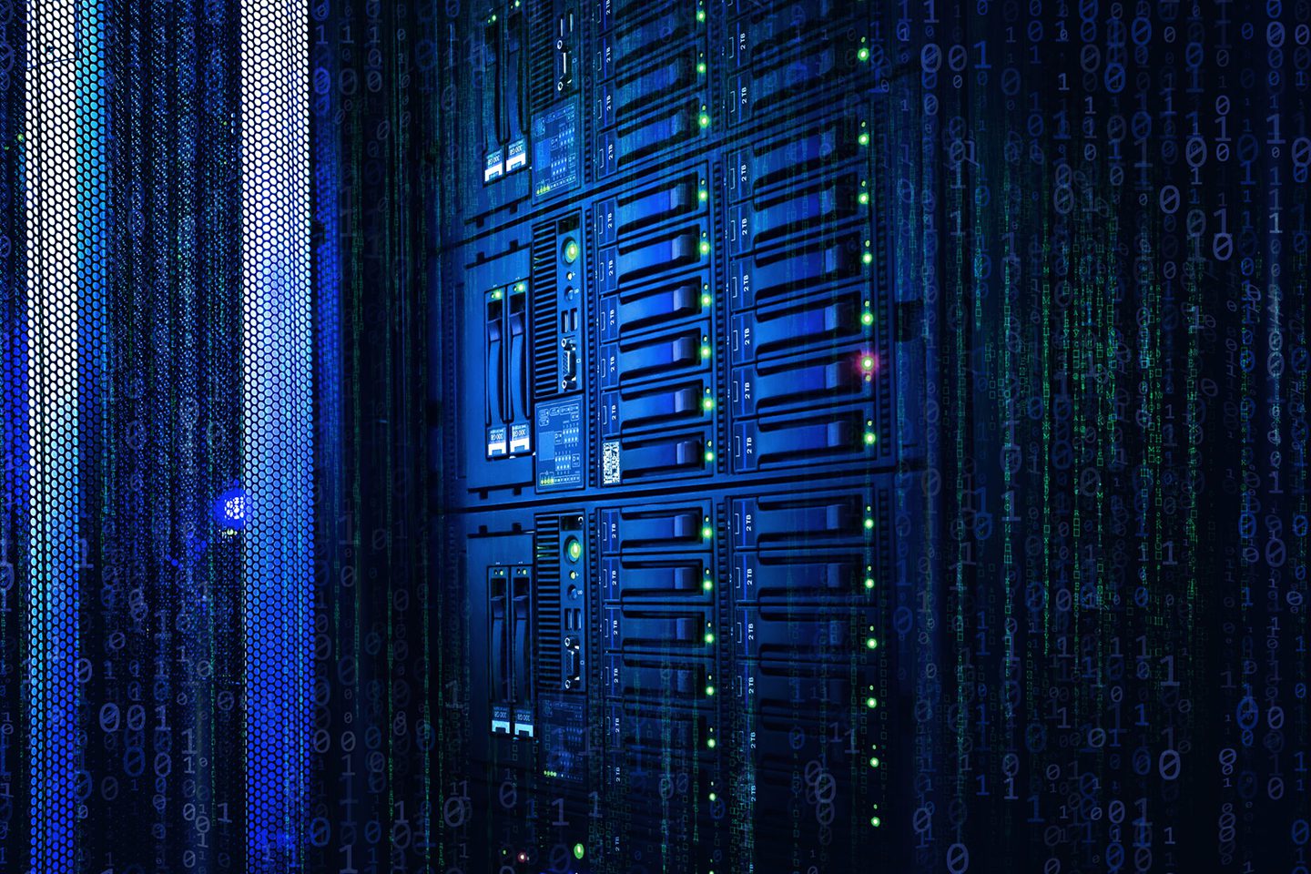 A row of server racks with blue and green LED lights in a dimly lit room, overlaid with binary code.
