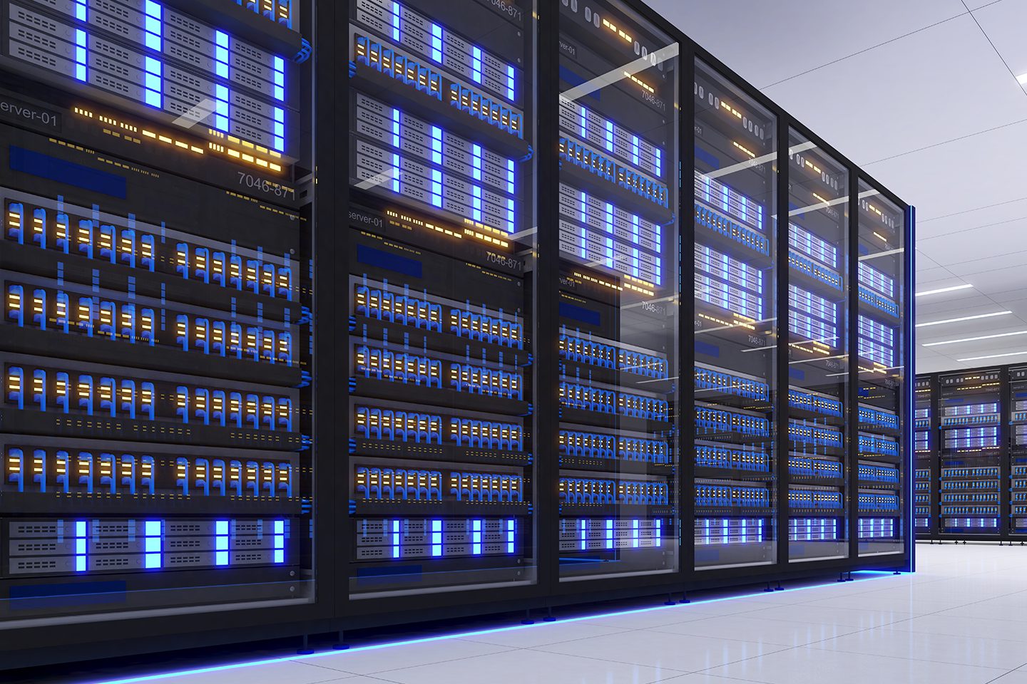 A modern data center with multiple server racks, illuminated by blue and white lights. The servers are enclosed in transparent cabinets on a shiny white floor.